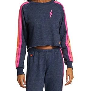 Aviator Nation Bolt Crop Sweatshirt- heather navy with neon stripes